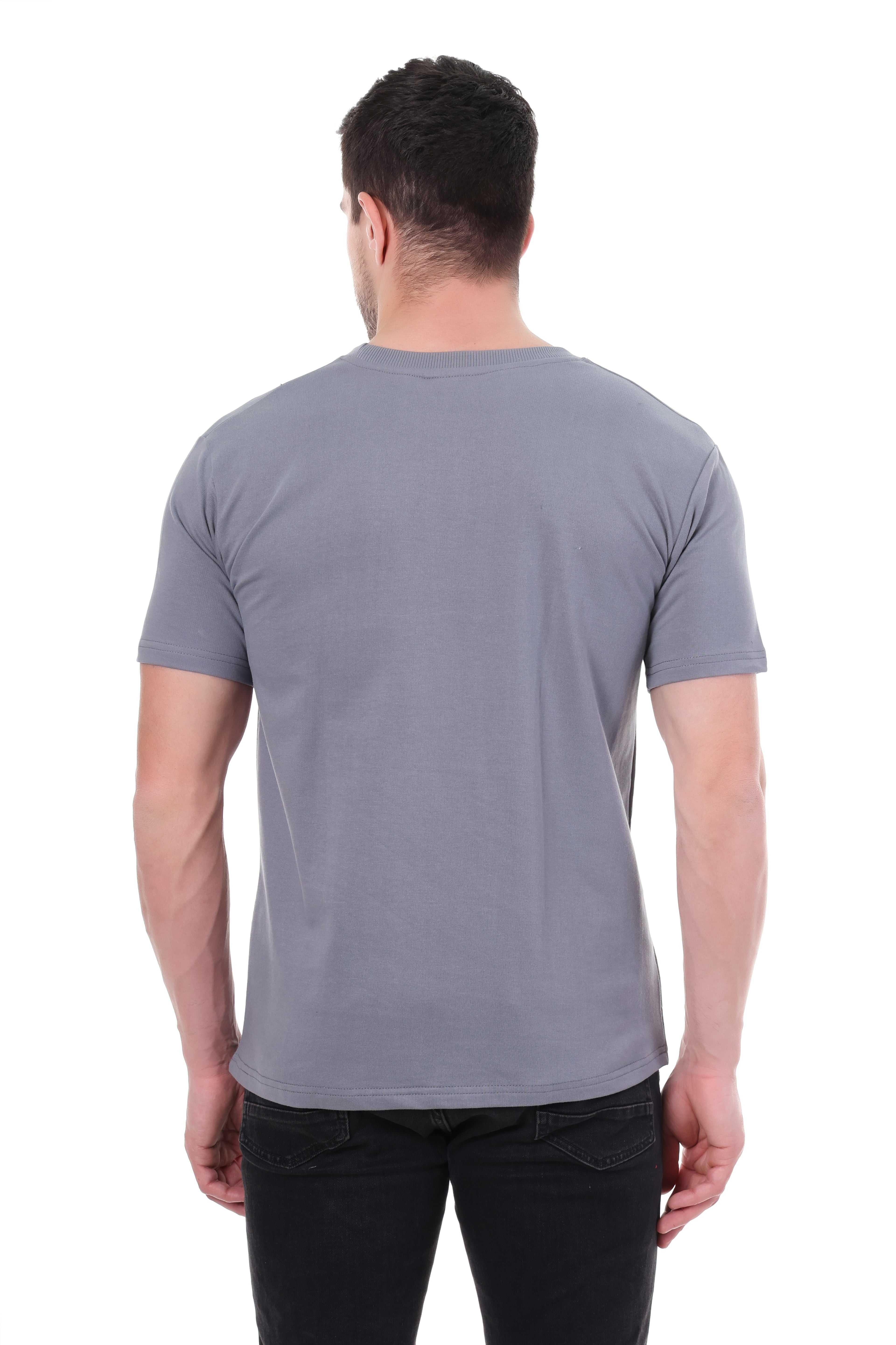 "Back view of Tin Brother solid grey t-shirt"