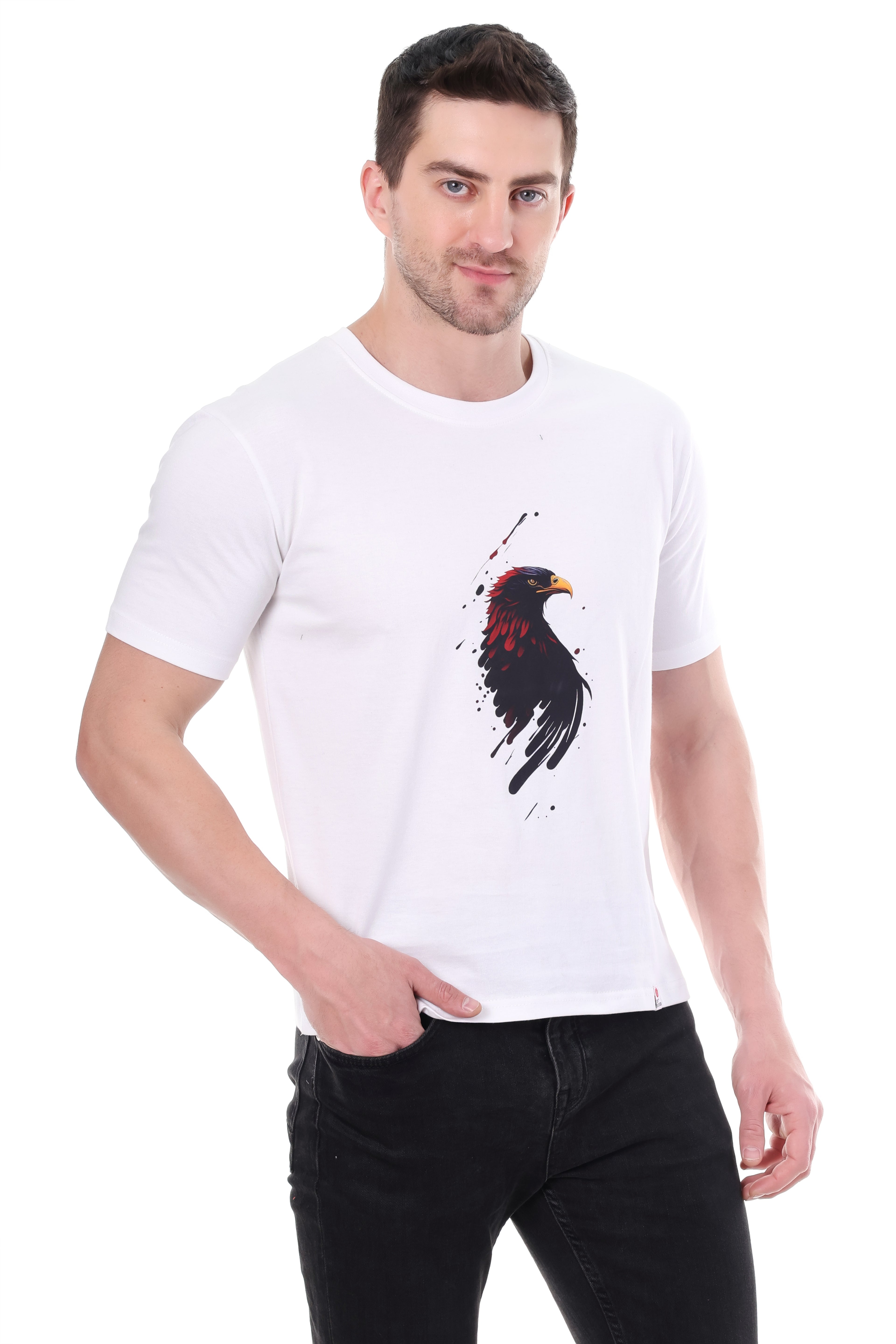 "Model wearing Tin Brother eagle graphic regular t-shirt"