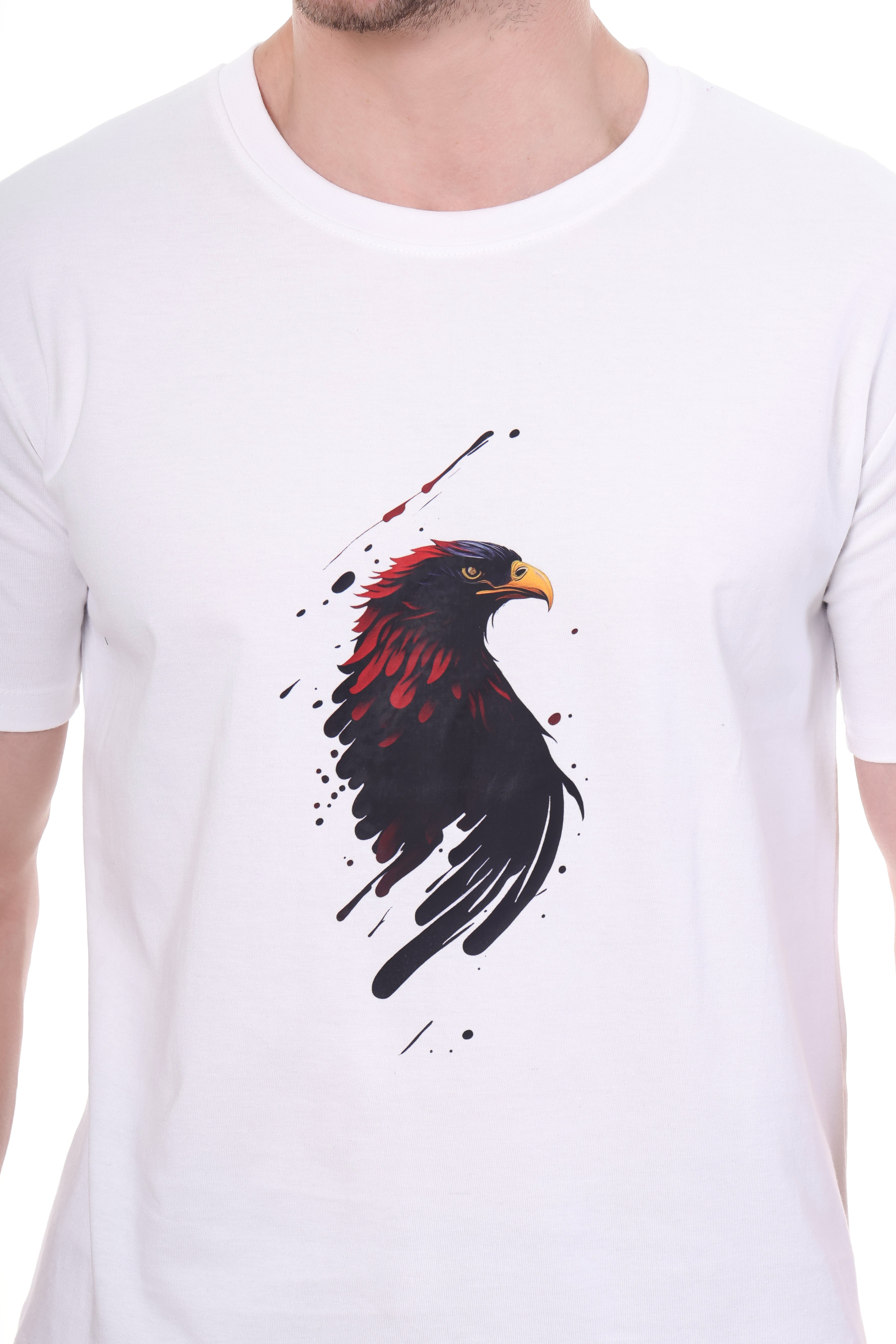 "Close-up of eagle print on white cotton t-shirt"