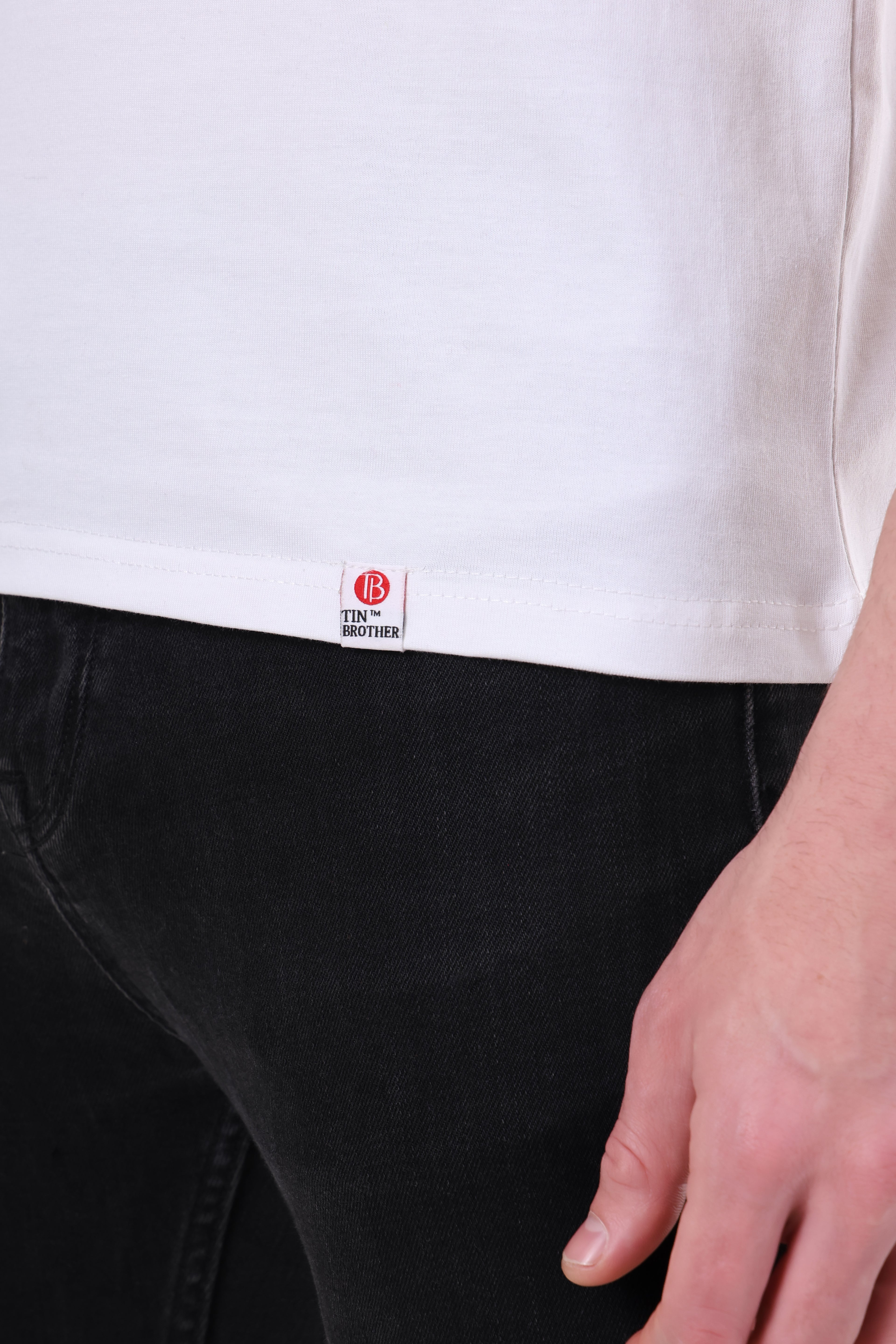 "Tin Brother branding on white 220 GSM cotton tee"