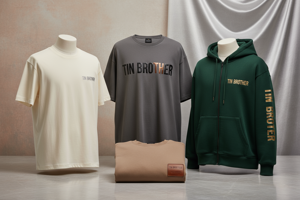 Regular Fit Tshirt, Oversized Tshirt, Premium Sweatshirt and Hoodeis Jispe TIN BROTHER ki branding hui ho or background Premium Honi chahiye 